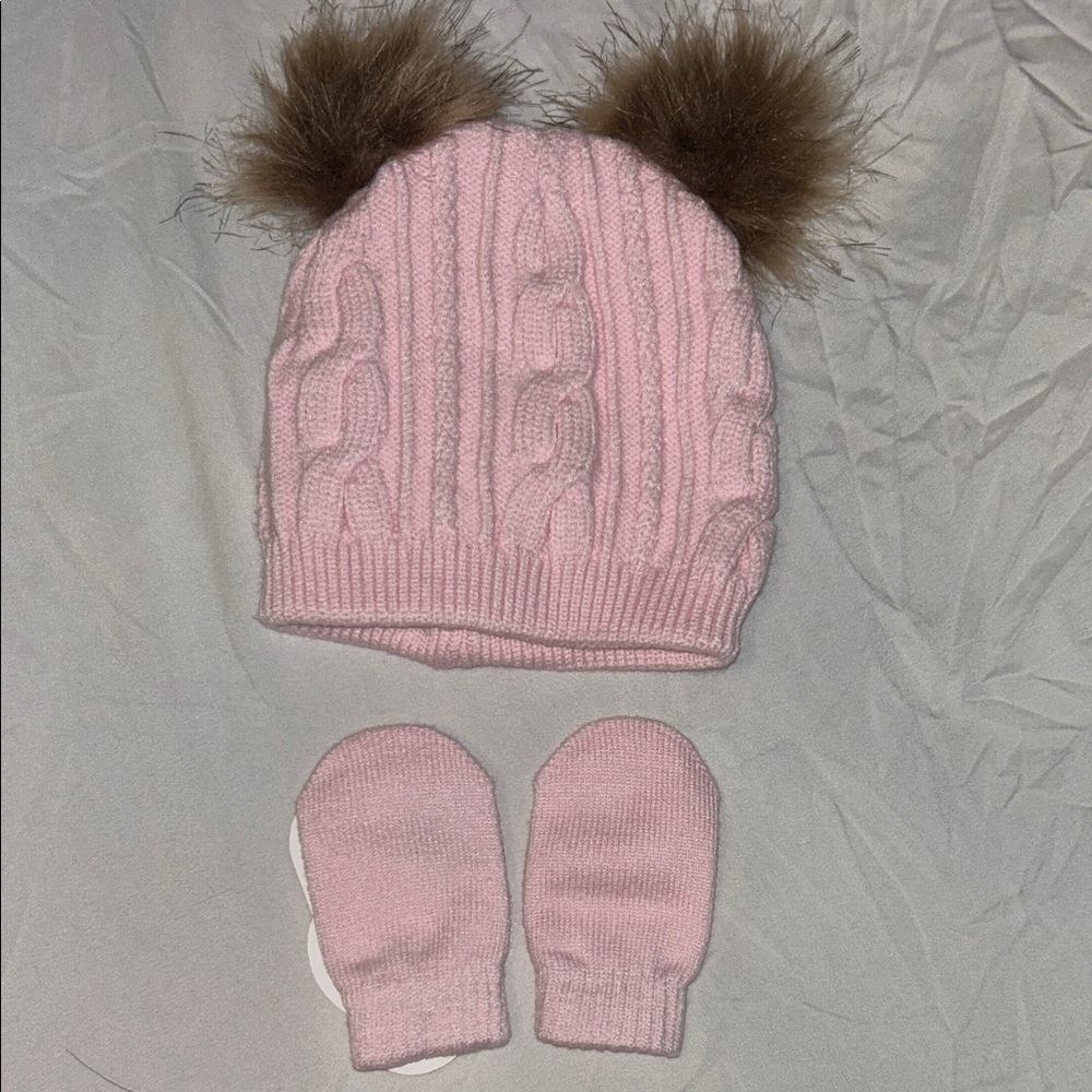 Pink Cable Knit Hat and Mittens Set with Faux Fur Pom Poms